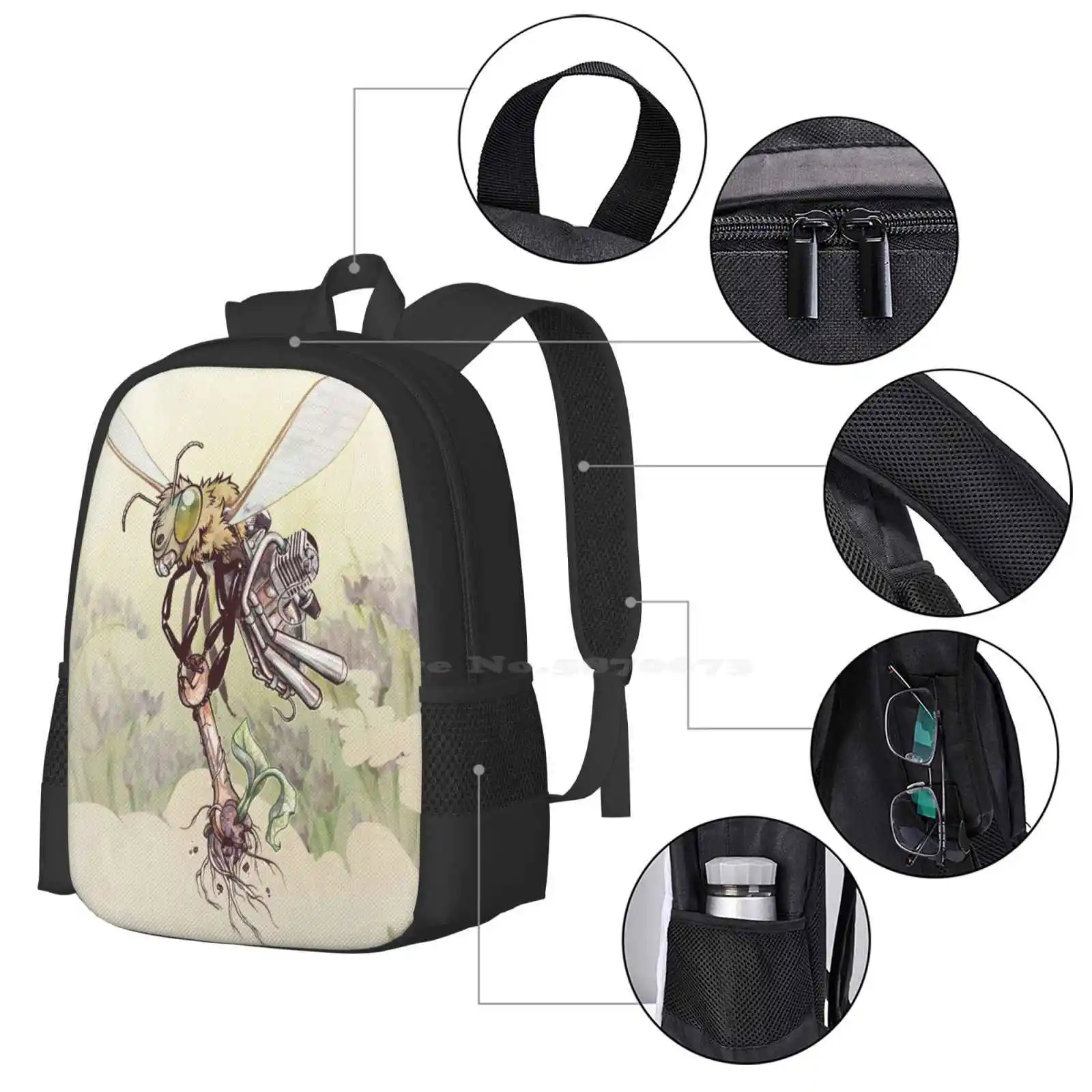 Cyborg-mochila escolar con diseño de patrón de moda de abeja, bolsa para portátil de viaje, abeja, insecto, Mosca, engranaje, Cyborg, Robot Punk ciber, combustión