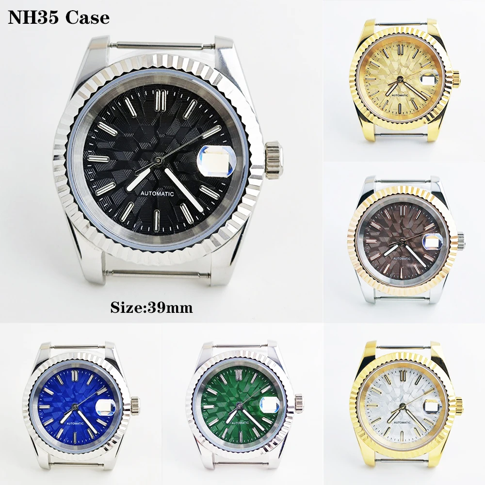 39mm Fluted Bezel Watch Case 28.5mm No Logo Dial Green Luminous Marker Fit NH35/NH36 Stainless Steel Watch Mod Parts Date Window