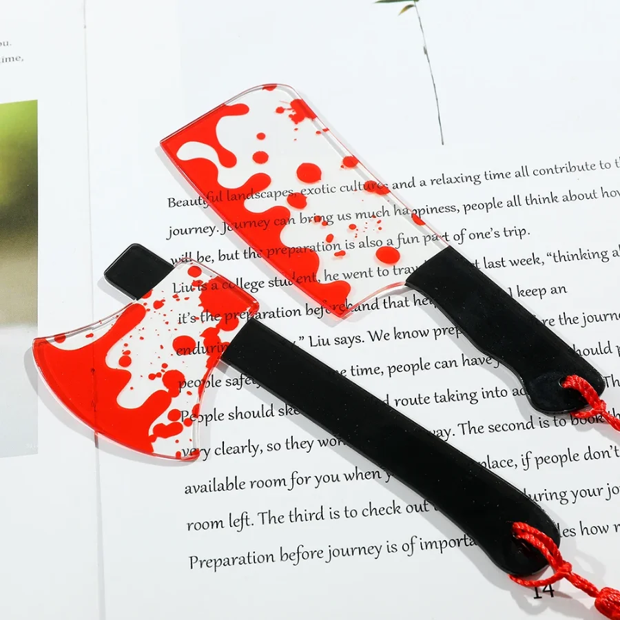 4Pcs Horror Knife Clear Acrylic Bookmark with Tassel, Halloween Themed Series Chopper Saw with Blood, Halloween for Bookworms