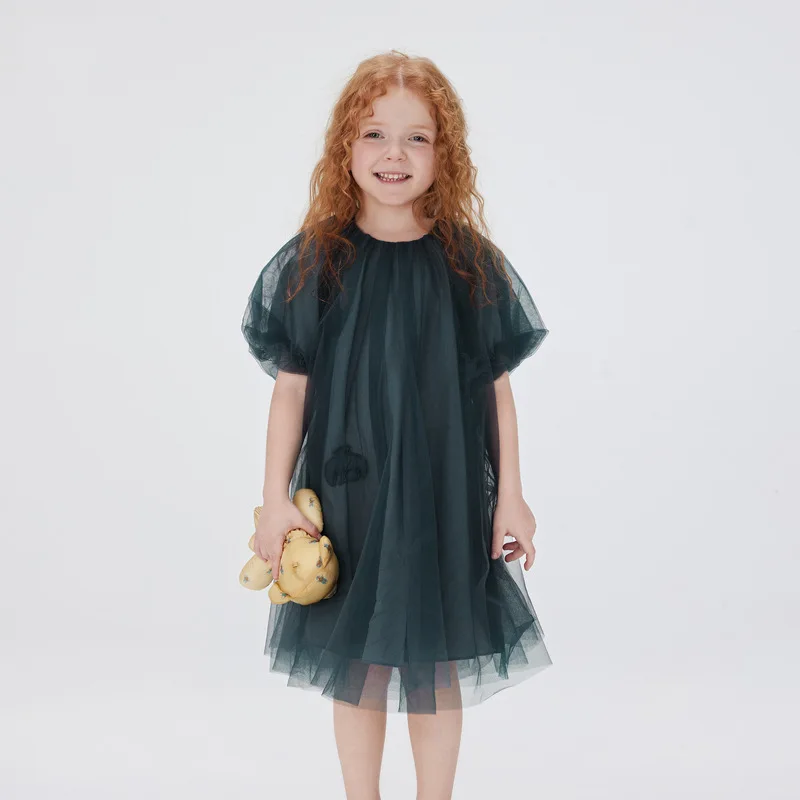 2024 Summer Children Clothes Girl Dress Solid Puff Sleeve Clothing Princess Girls Kid's Dresses Tulle Trendy Vestidos for Child