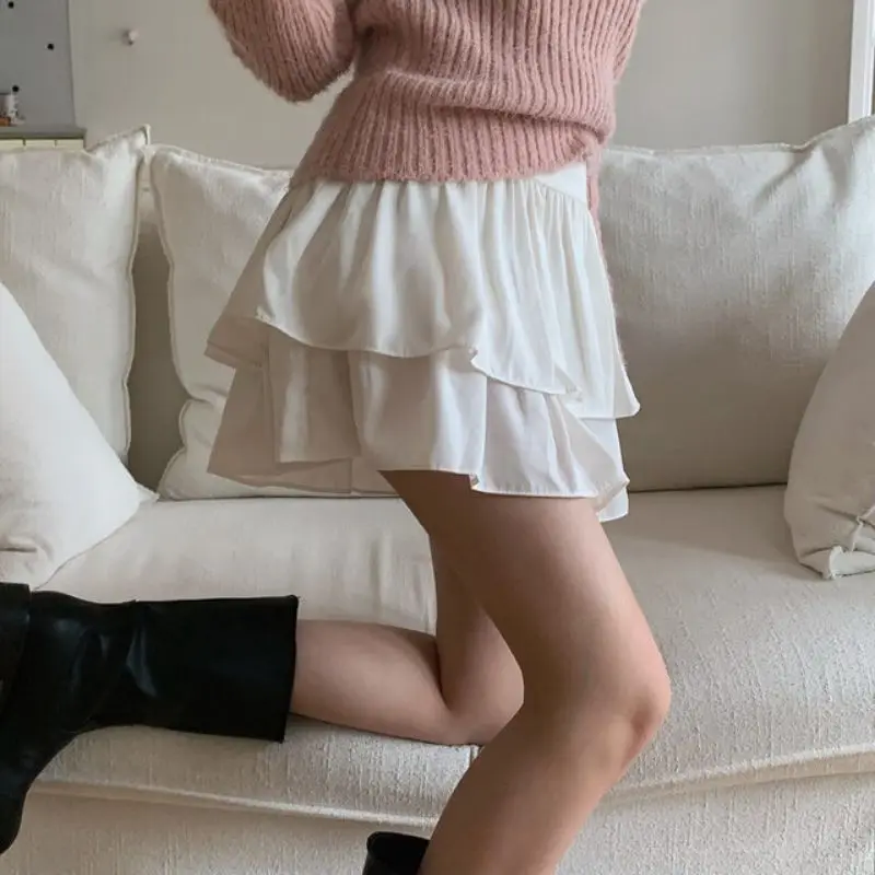 Gonna a pieghe dolce chic a vita alta con orlo in pizzo Pantaloni Se incorporati Anti-luce ort A-Line Colore puro Dimagrante versatile