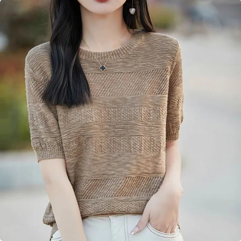 

Летний женский модный свитер с круглым вырезом и короткими рукавами, свободный вязаный топ с ажурной вязкой, повседневный трикотажный пуловер для женщин