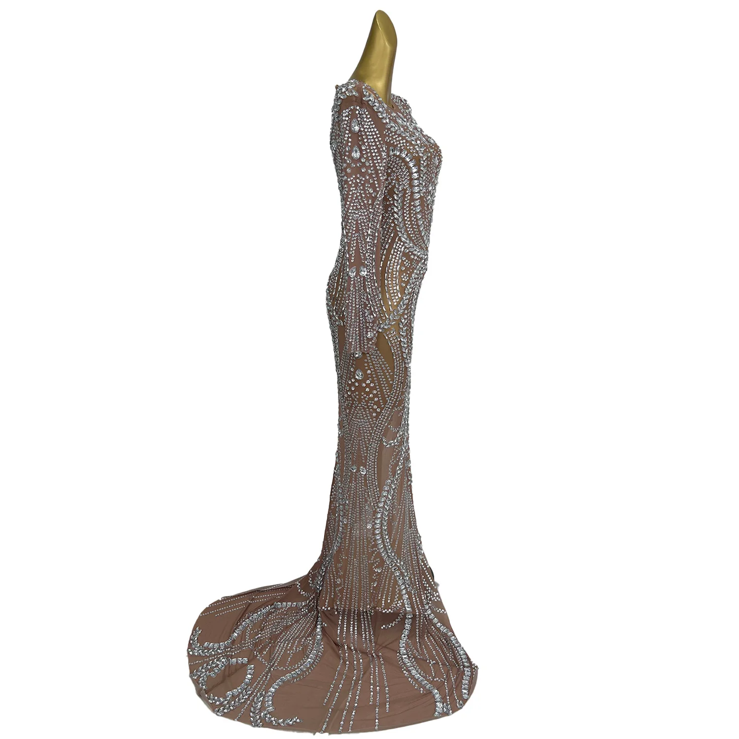 Fulingkaichachangqun femmes élégantes haut de gamme robe de soirée argent plein diamant Perspective maille robe anniversaire robes de bal