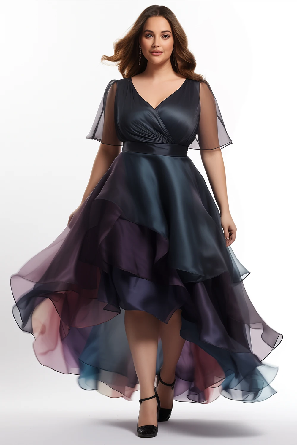 

Women's Wedding Guest Mulitcolor Organza V Neck High Low Hem Tiered Maxi Dress