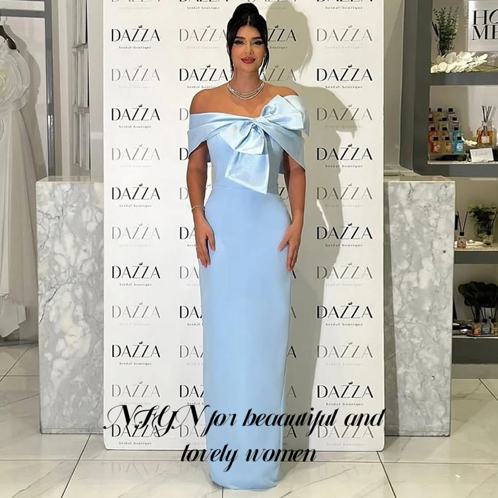 

NFYN Light Blue Prom Dress Off Shoulder Party Dresses Back Slit Satin Evening Dress with Bow حزب فساتين Customized