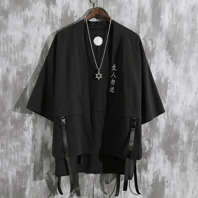 

Men's Black Haori Cardigan Kimono Short Sleeve Shirt Samurai Japanese Style Loose Yukata Shirts Streetwear Casual Thin Tops