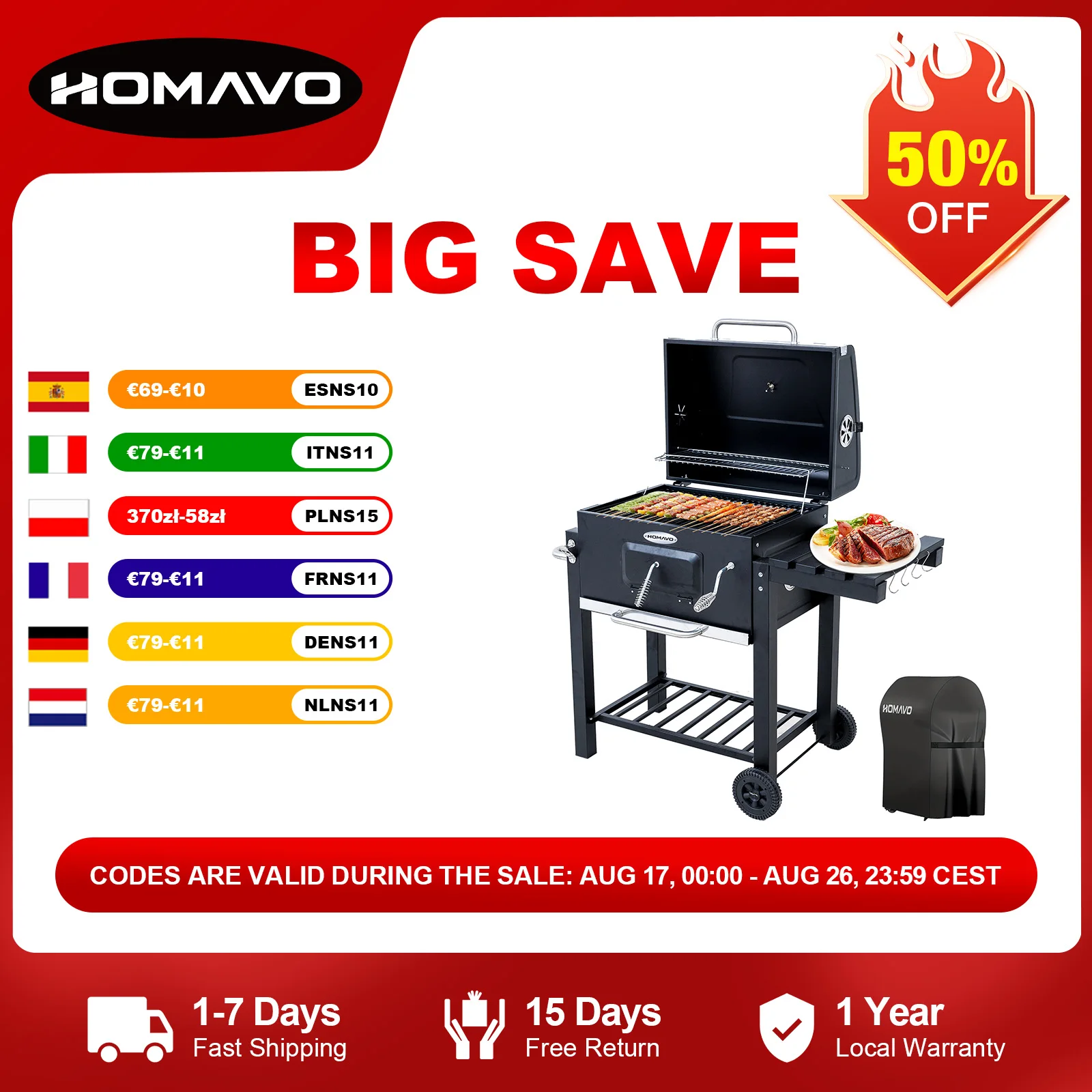 HOMAVO Holzkohlegrill mit Deckel, Grillfläche: 56×42.5 cm …