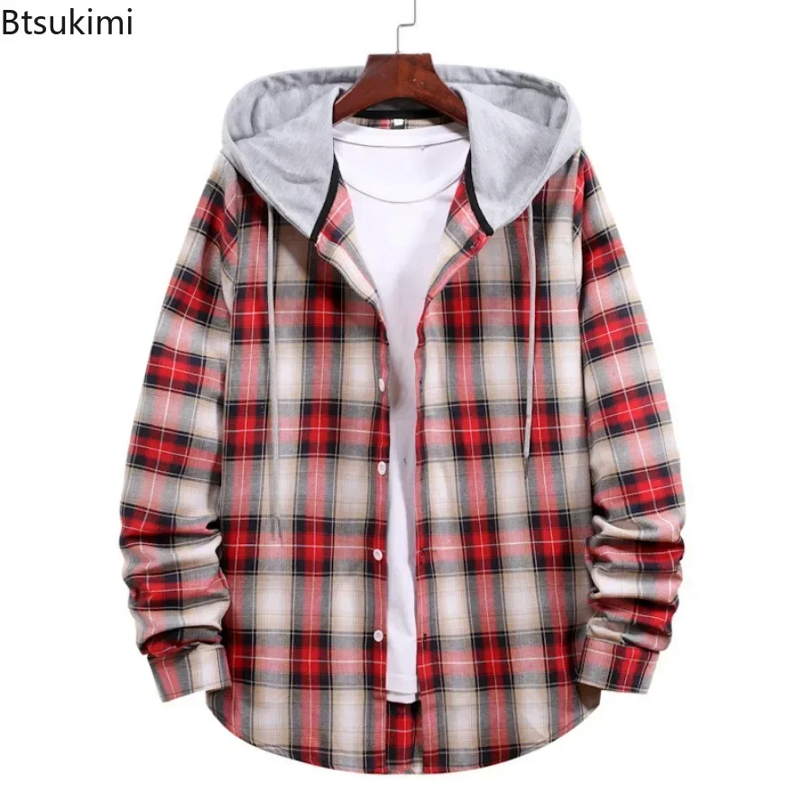 Neue 2025, männer Plaid Mit Kapuze Shirts Lose Beiläufige Männer Jacke Hemd Bequeme Langarm Sport Mit Kapuze Mäntel Männer der Täglichen Kleidung