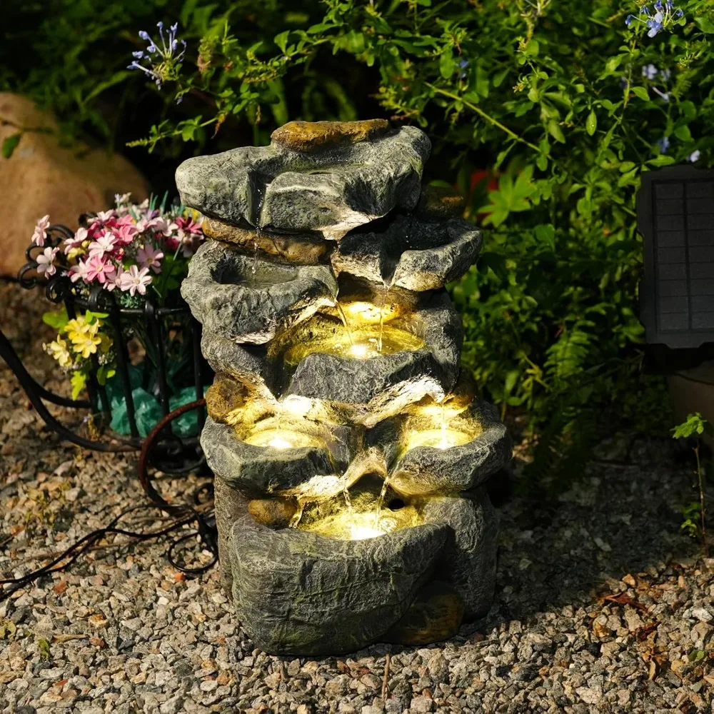 

Фонтан для воды, открытый сад, 19,3-дюймовый каскадный камень, 5-уровневый рок-функция, уличные фонтаны, водопады со светом