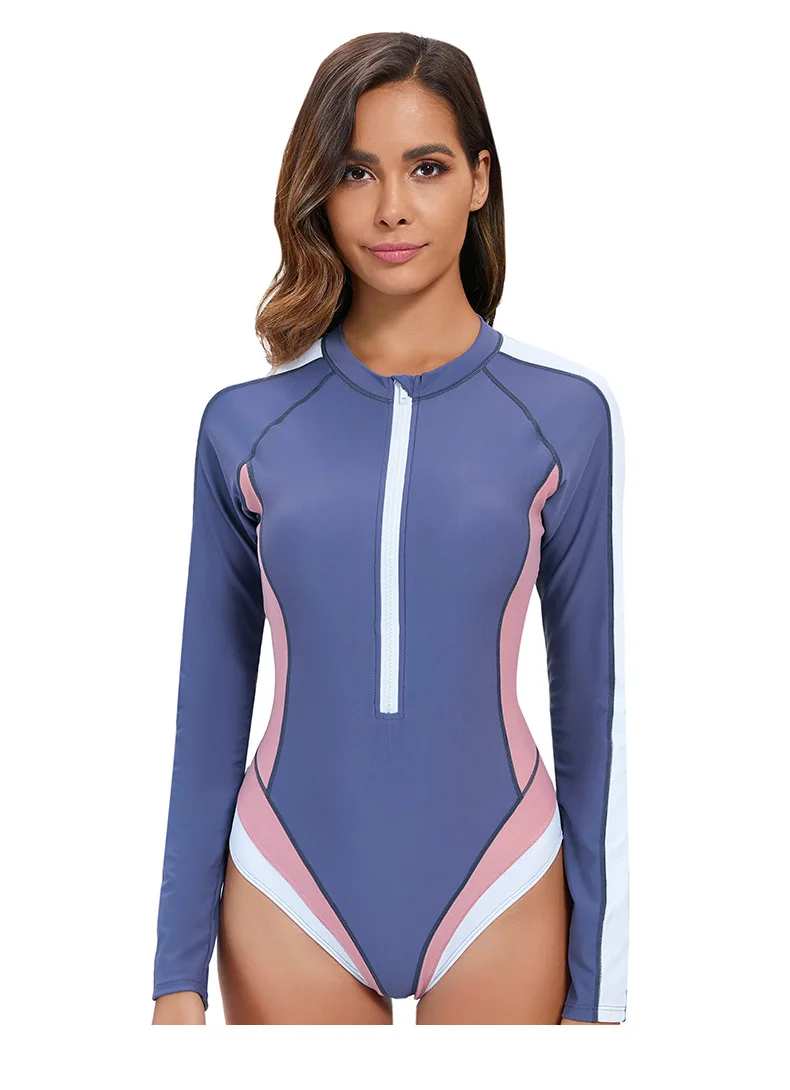 

Color blocking long sleeved sun protection one-piece swimsuit for women, European and American triangle surfing suit swimsuit