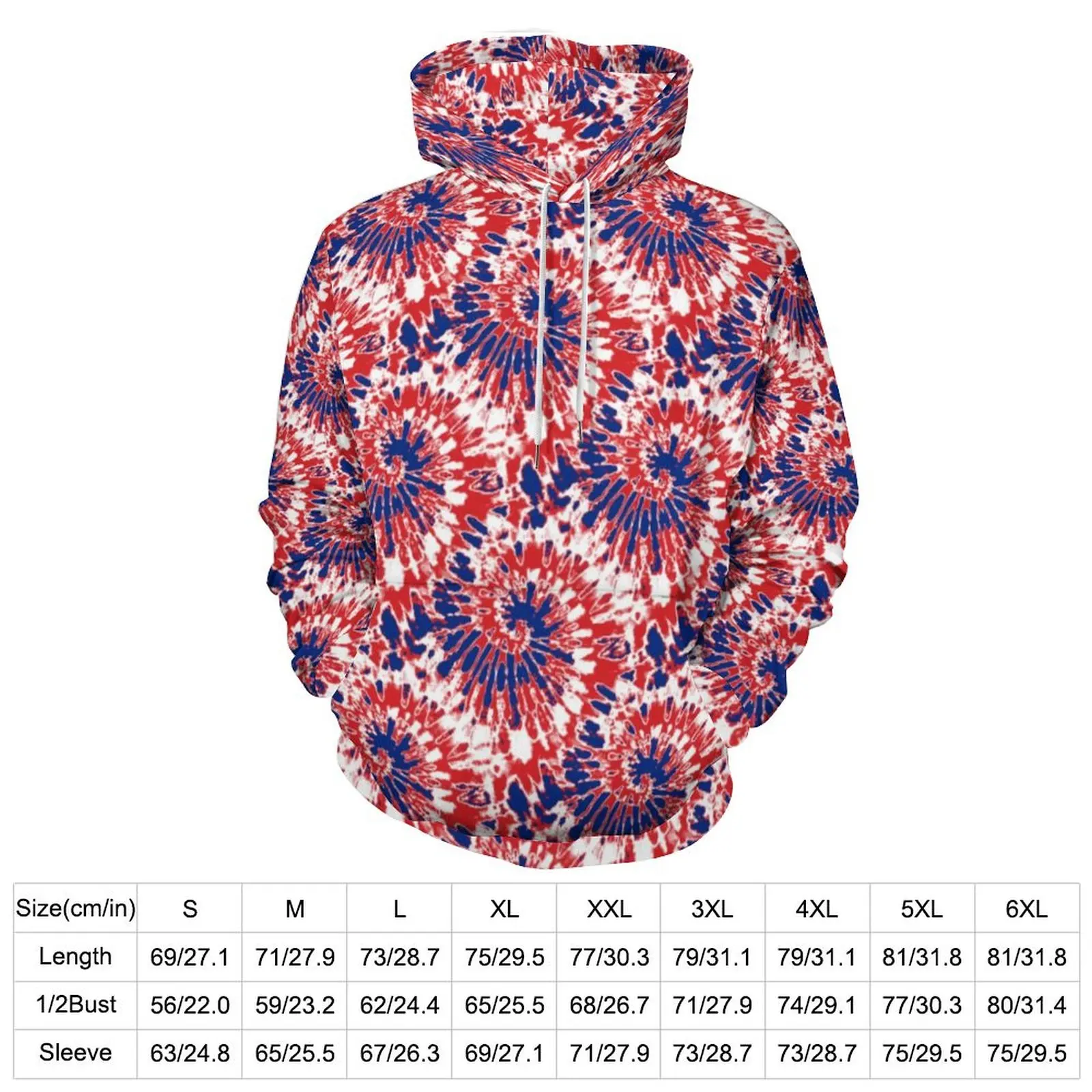 Firework Tie-Dye Casual Hoodies Male Red White Blue Y2k Graphic Sweatshirts Winter Long Sleeve Loose Oversize Hoodie