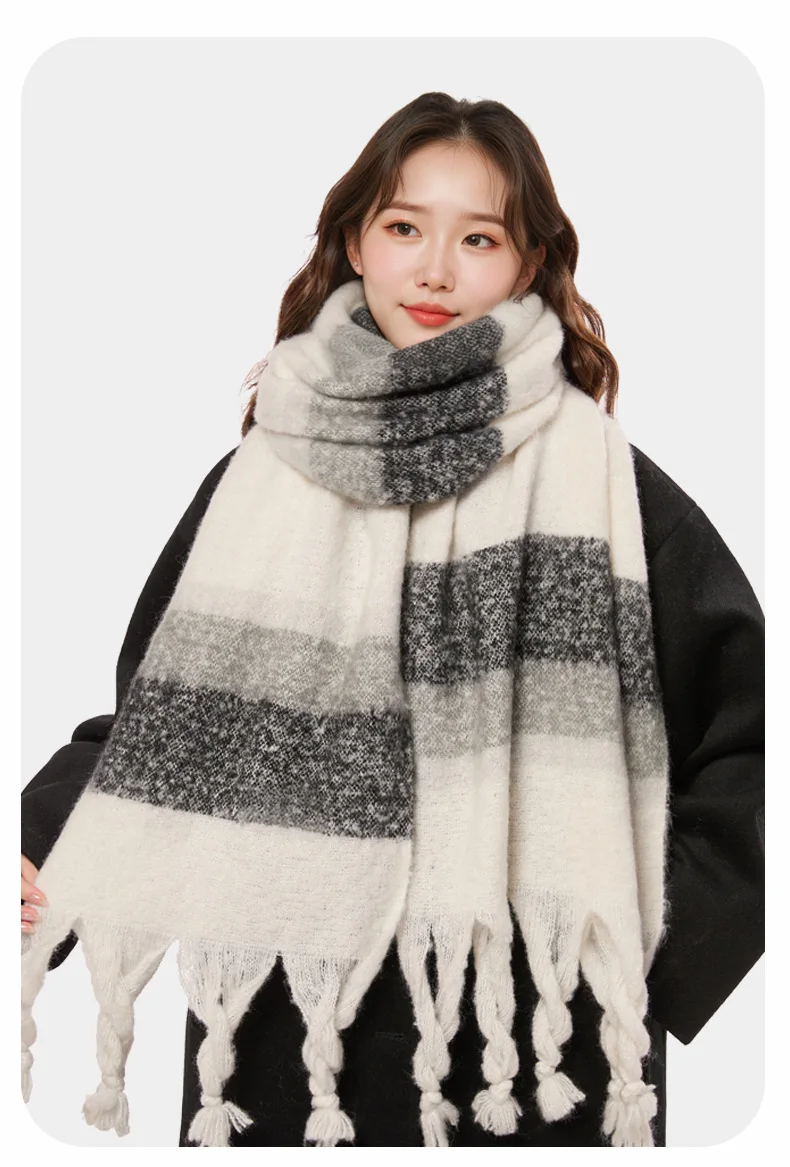 Womens Color Block Plaid Scarf Striped Winter Warm Shawl Fashion Neck Warmer