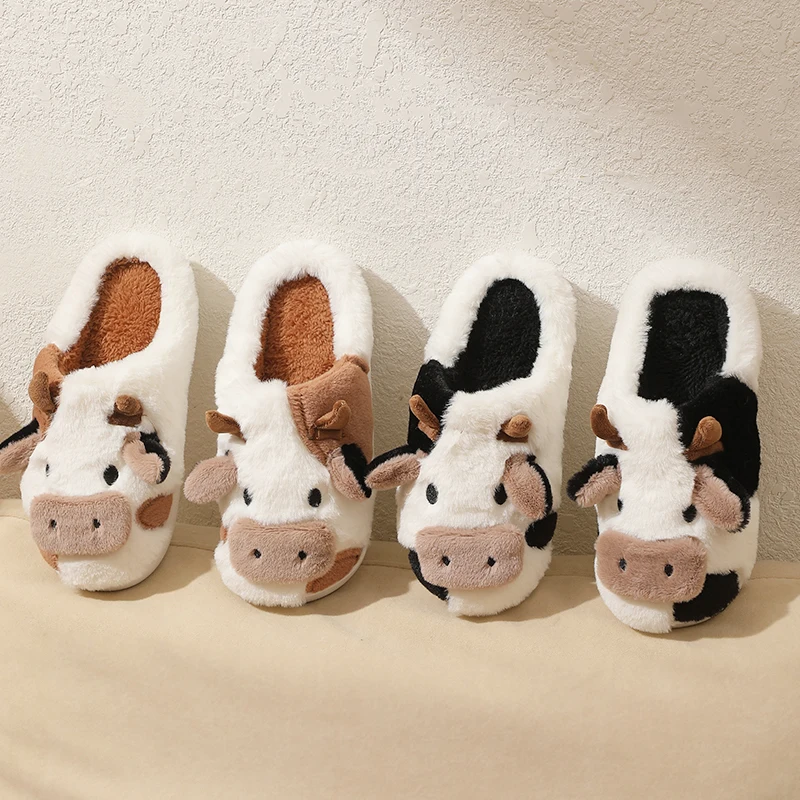 Winter Unisex Family Look Shoes Cartoon Cow Warm Children\'s Plush Slippers For Girls Boys Indoor Non-slip Mule Home Cotton Shoes