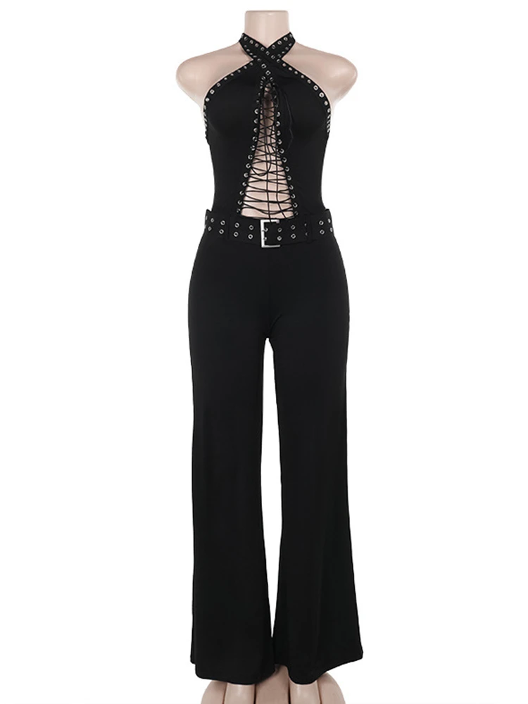 Sibybo Hollow Out Bandage Jumpsuit Women Fashion Belt Sleeveless Halter Backless Bodycon Flare Pants Rompers Black Sexy Overalls