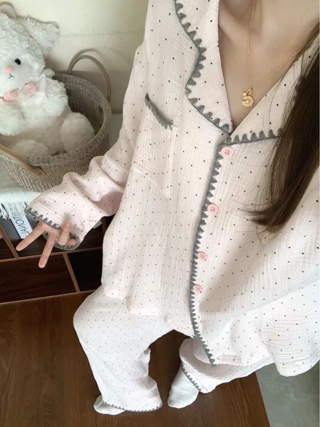 Cute Polka Dot Cloud Cotton Pajamas Long Sleeve Long Pants Home Clothes Can Be Worn outside Girl Feeling Autumn Winter New Style
