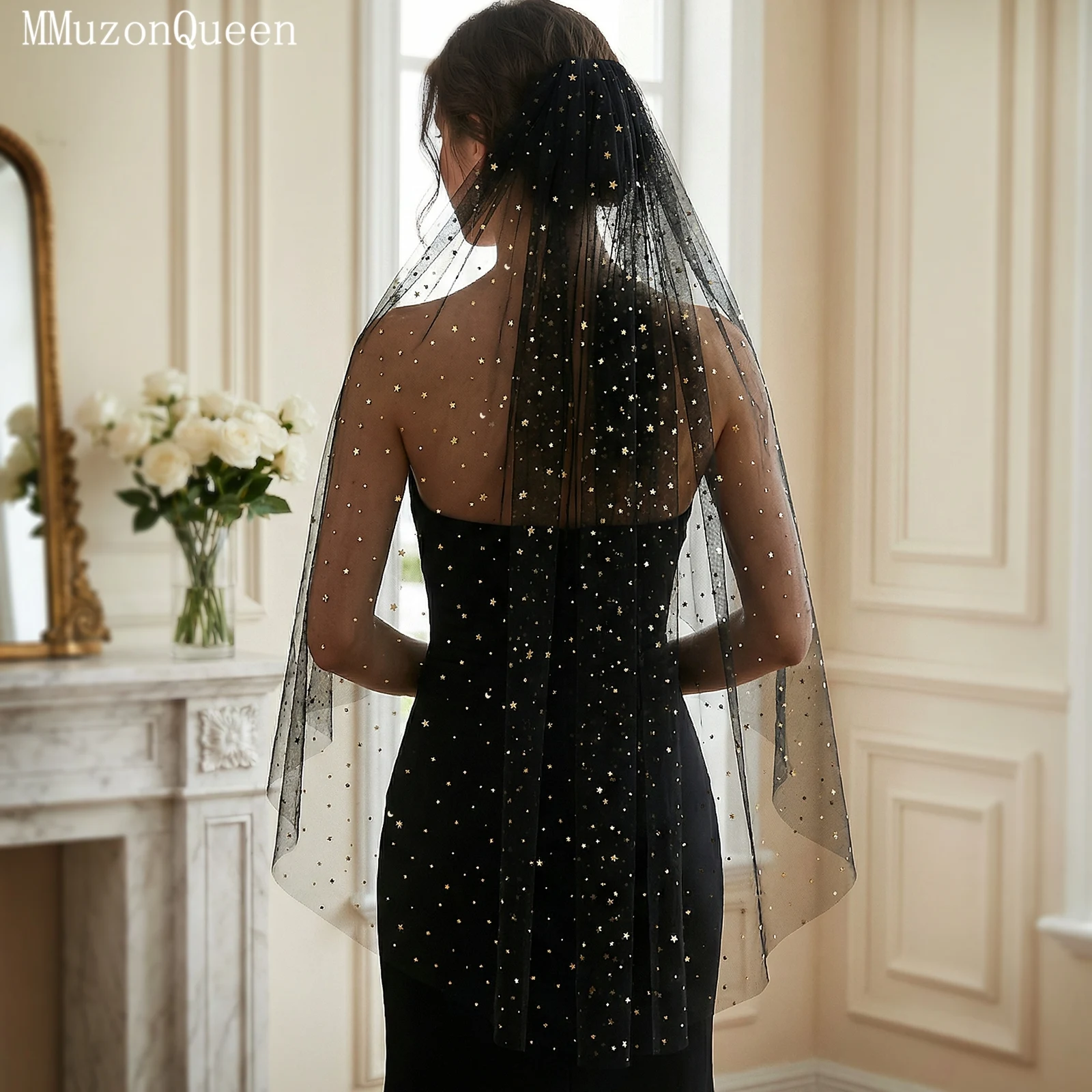 

Прозрачная однослойная вуаль в темном готическом стиле TOPQUEEN с украшениями из пайеток в виде звезд и лун, длина до кончиков пальцев V209
