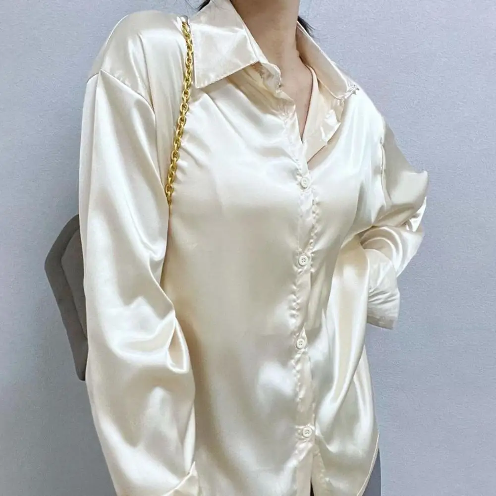 Satin Women Shirt Lapel Single-breasted Loose Elegant Shirts Draped Sense Long Sleeve Shirt Blouse