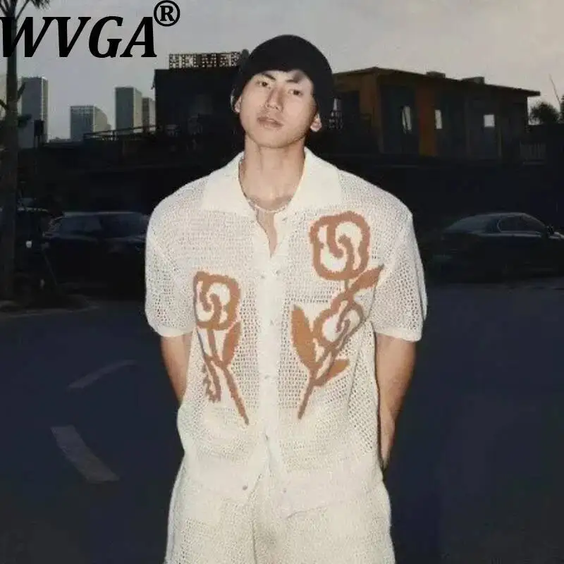 

WVGA Summer New Men's American Style Hollow Out Knited Short Sleeve Shirt Niche Chic Casual Printed Turn-Down Collar Tops W23591