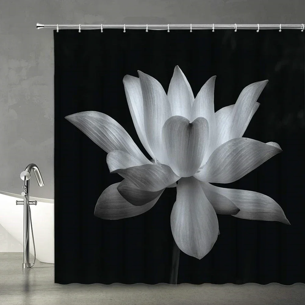 Lotus Shower Curtain Black＆White Flower Magic Elegant Floral on Black Background Modern Simple Unique Art Women Bathroom Curtain