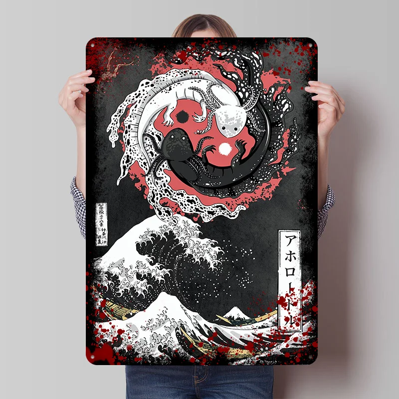 Yin Yang Axolotl Kanagawa Metal Poster Customized Wall Art Retro Vintage Tinplate Signs for Man Cave Bathroom Decor House Home