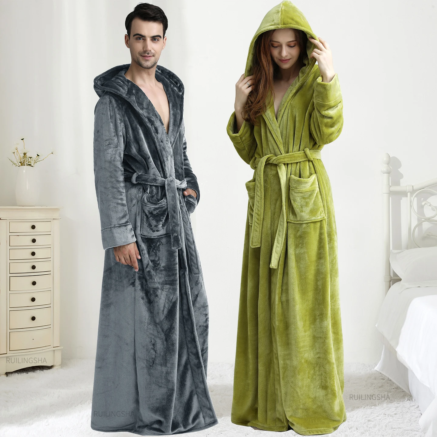 

Women Winter Hooded Floor Length Warm Flannel Bathrobe Extra Long Plus Size Thicken Coral Fleece Bath Robe Shower Men Sleepwear