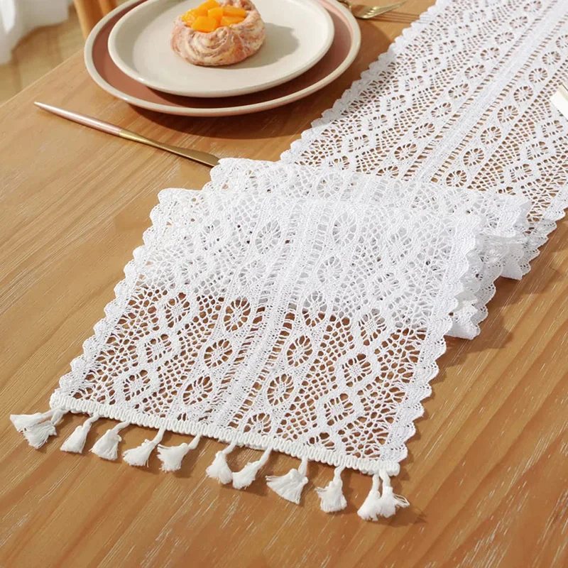 Boho Crochet Table Runner Vintage Bohemian Rustic Farmhouse Macrame for Kitchen Coffee Dining Table Dresser Home Wedding Decorat