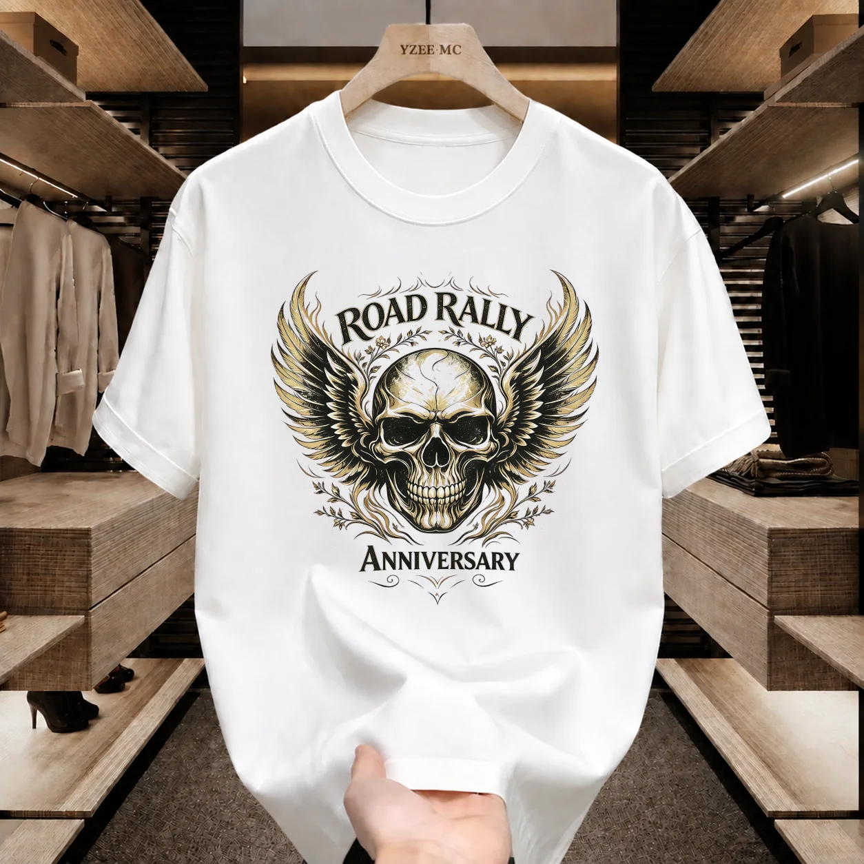 Vintage Road Rally Anniversary Winged Skull Graphic Tee Men Biker Motorcycle Rock Streetwear 100% Cotton O‑Neck Short Sleeve