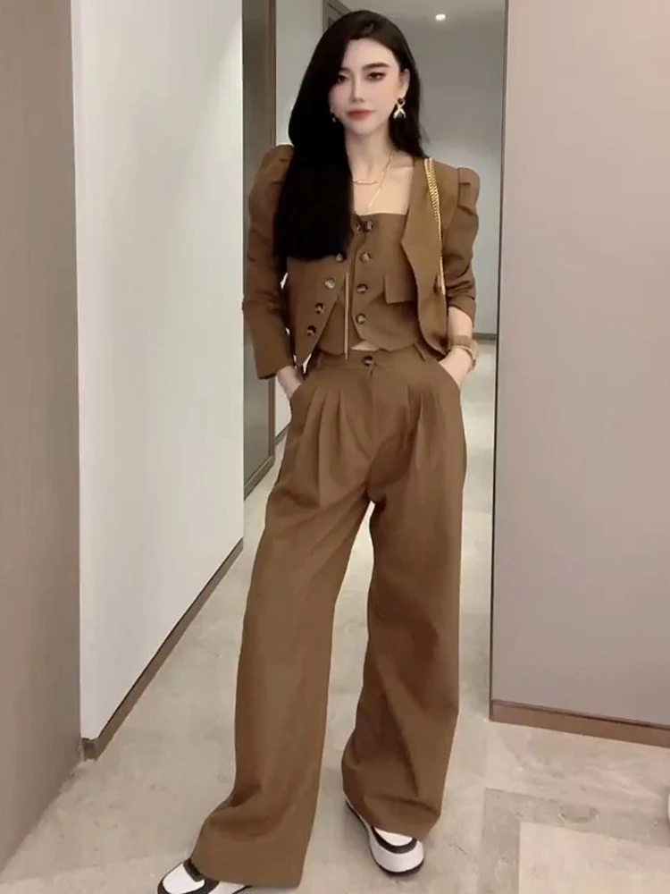 2024 Spring French Small Fragrant 3 Piece Sets Women Autumn Fashion Coat Sleeveless Jacket High Waist Wide Leg Pants Suits