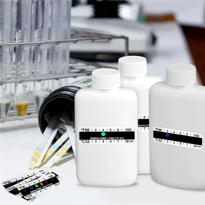 AEE6-14 pezzi Kit completo per test dell'urina: 2 bottiglie vuote portatili, 10 strisce reattive adesive sensibili alla temperatura e portachiavi