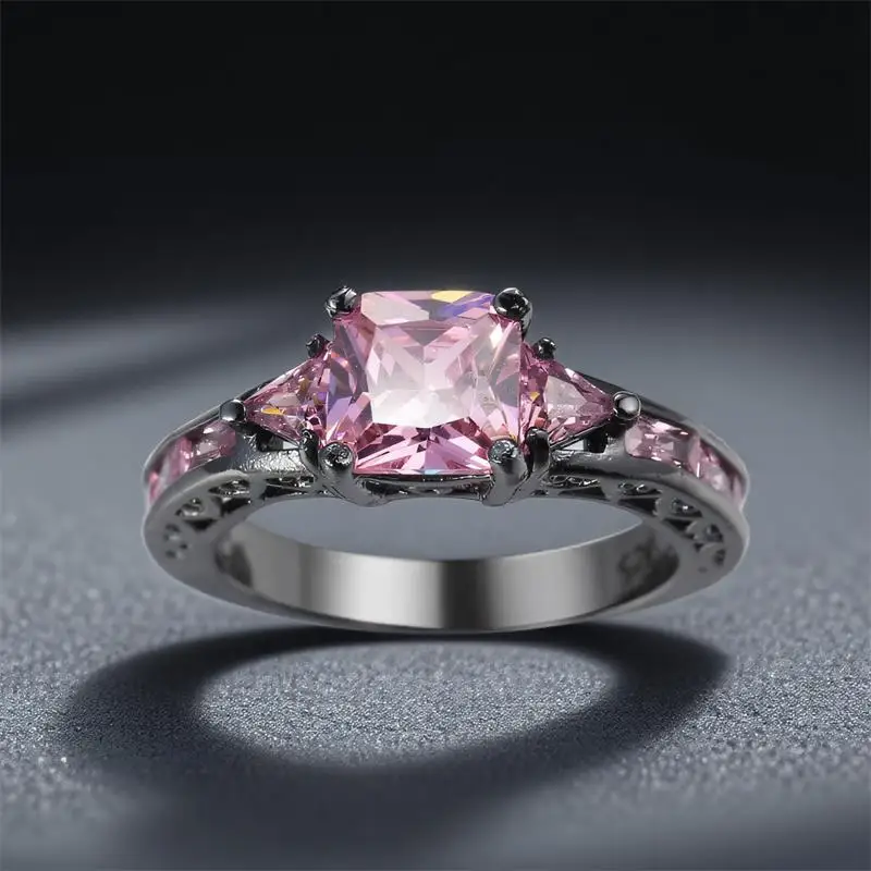 لطيف مربع حجر الوردي كريستال خواتم الخطبة للنساء خمر الأسود معدن الزفاف وعد العصابات مجوهرات هدية عيد الحب