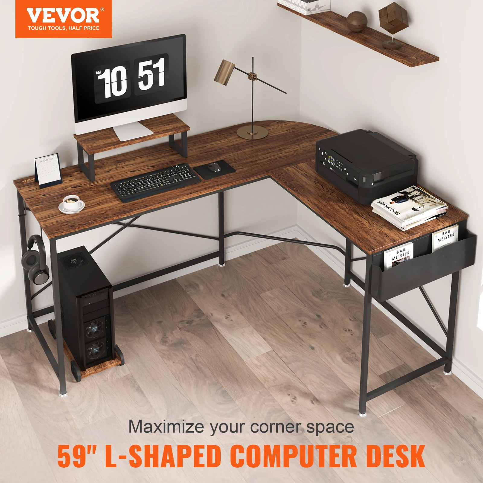 VEVOR L Shaped Computer Desk 59 inch Corner Desk with Storage Bag Monitor Riser and CPU Stand Home Office Work Desk Gaming Desk