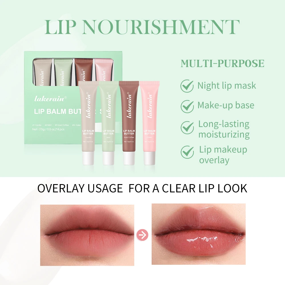 Lakerain 4Pcs/set Butter Lip Balm Set Anti-cracked Plumping Tinted Lip Butter Long Lasting Moisturizing Nourishing Lip balm Set