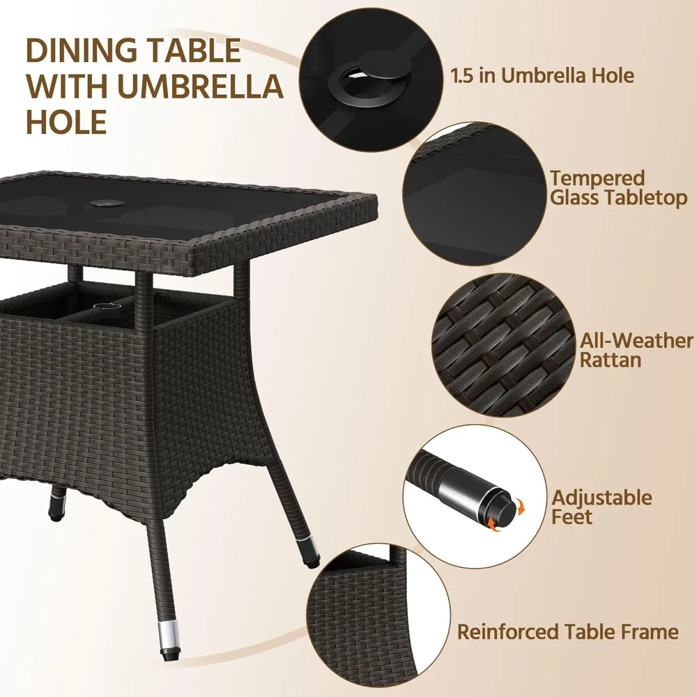 

5-Piece Patio Furniture Set, Outdoor Rattan 4 Dining Chairs & Tempered Glass Table with Umbrella Hole, Customized