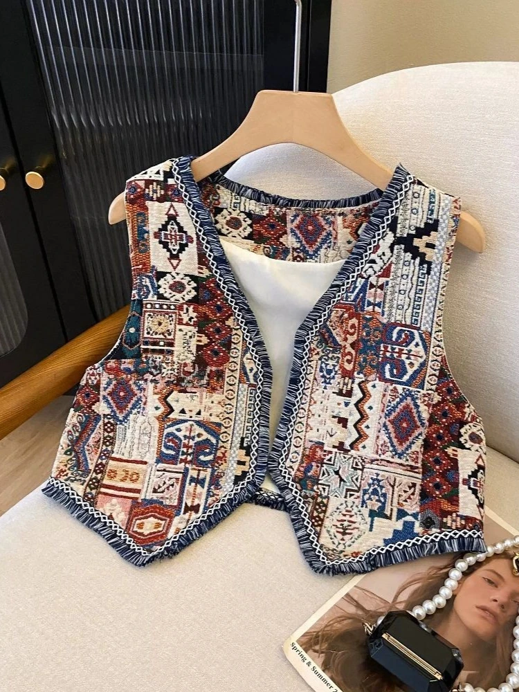 Women's Bohemian Geometric Jacquard Vest w/ Fringe Trim Moroccan flair Cropped Prairie Travel Sleeveless Top for Ethnic Styling