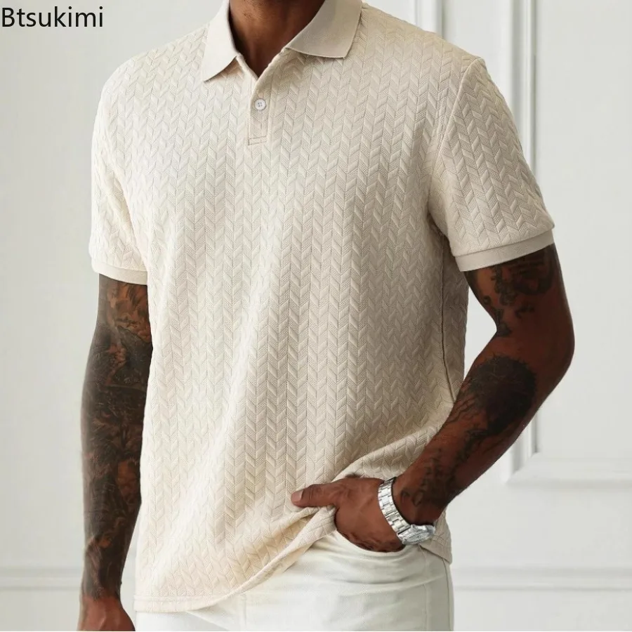 

2025 Men's Jacquard Solid Color Polo Shirt Summer Short Sleeve Casual T-shirt for Men Fashion Turn-down Collar Button Up Tops