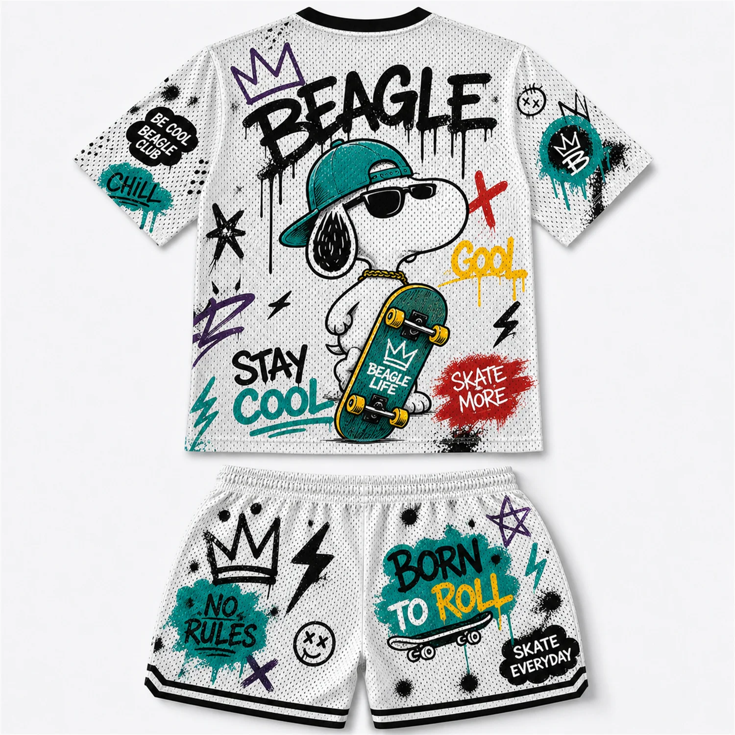 Skate Snoopy Graffiti Mesh T-shirt Shorts Set Kids Quick Dry Breathable Summer 2 Piece Casual Sports Outfit - view 2