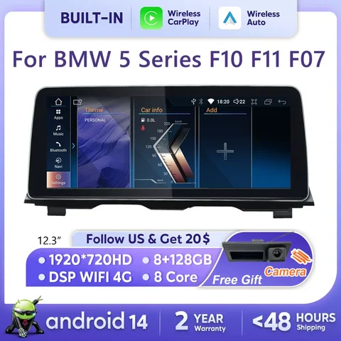 2010-2017 멀티미디어 플레이어, BMW 5 시리즈 F10 F11 F07 F18 용, 안드로이드 14 카플레이 화면, 자동 라디오 지능형 GPS 스테레오 내비게이션
