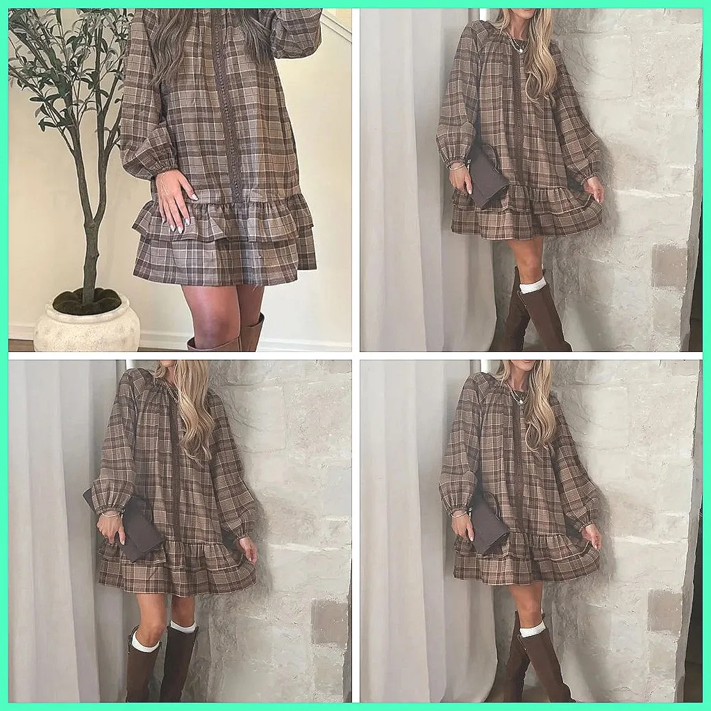 

2026 New Plaid Dress Women, Loose Ruffled Hem Short Gown for Evening Party (Characters: 68)