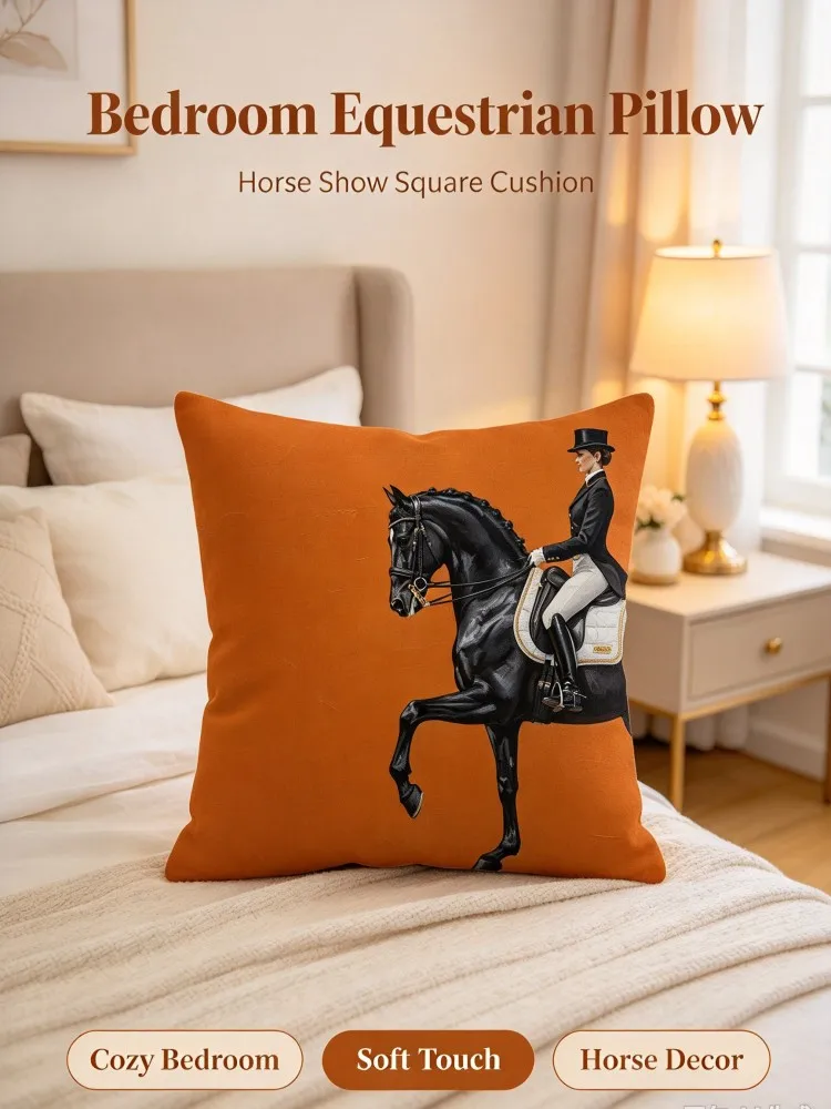 Equestrian Decorative Square Pillow, Orange Horse Show Cushion with Black Horse and Rider Print, Soft Fabric Pillow for Sofa B
