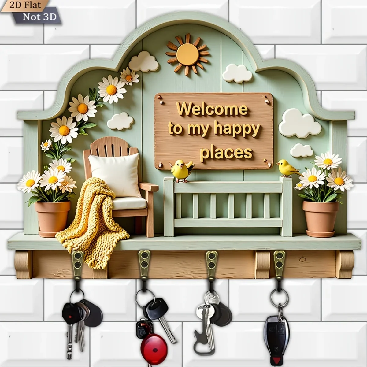 2D Flat, 1pc, Sunshine Daisy Theme Style Key Hook Wooden Multifunctional Home Key Hanger with 4 Metal Hooks, Wall Decor for