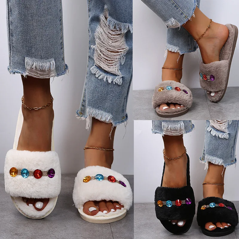 

Cute Plush Faux Fur Slippers with Crystal Detail, Open-Toe Flat Sandals for Cozy Indoor Comfort and Casual Outdoor Wear