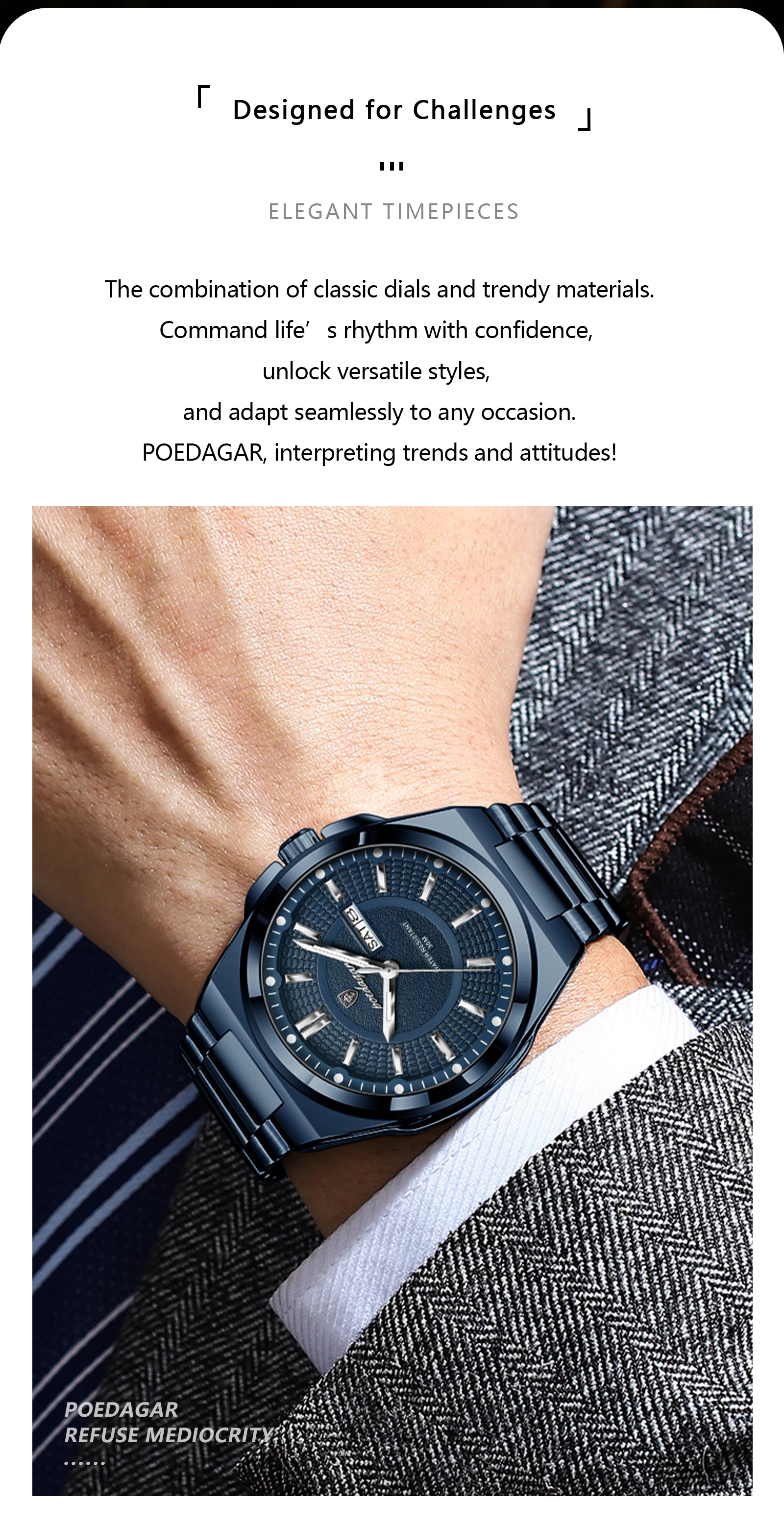 POEDAGAR Top Business Herren Armbanduhr Edelstahl Wasserdicht Leuchtend Casual Mann Uhr Datum Woche Stilvolle Herren Quarzuhren – Detail 3