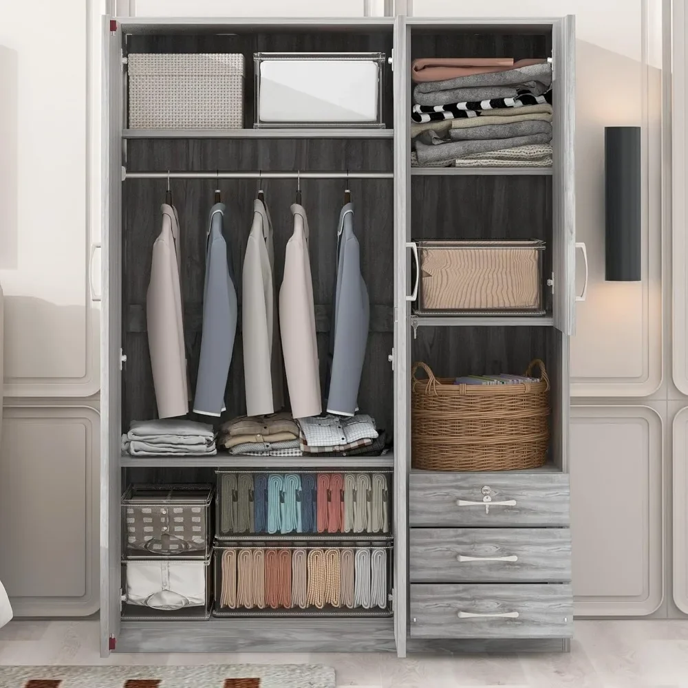 Modern 3-Door Wooden Wardrobe Armoire, Closet Organizer with Shelves, Drawers, and Hanging Rod, Stylish Storage Solution