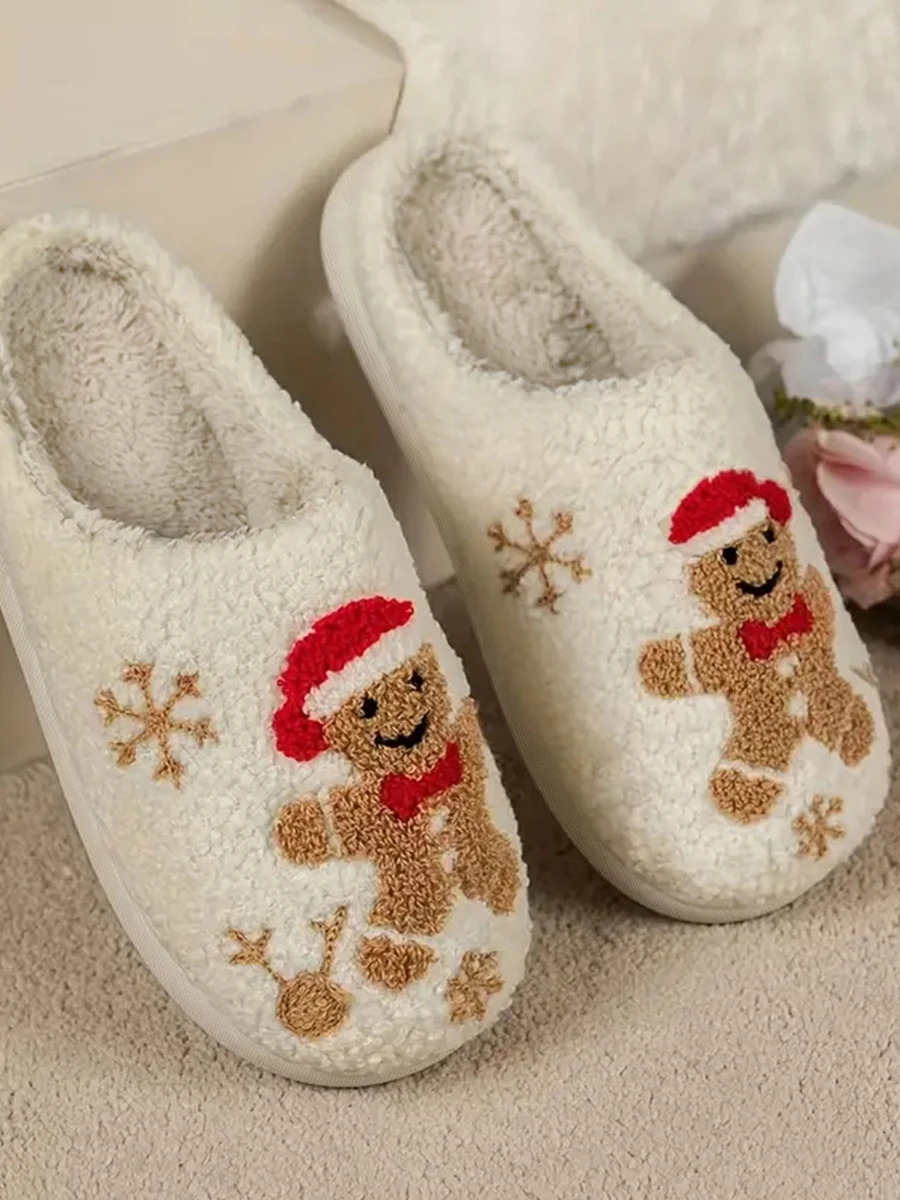 المرأة عيد الميلاد الزنجبيل رجل و ندفة الثلج التطريز نمط دافئ لينة مغلقة اصبع القدم شبشب منزل غير رسمي ، الخريف/الشتاء #6