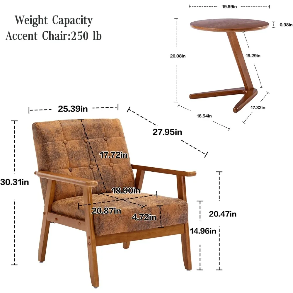 Accent Chair Set of 2 with Side Table Mid-Century Modern Armchair, Button Tufted Microfiber Fabric Comfy Corner for Living Room