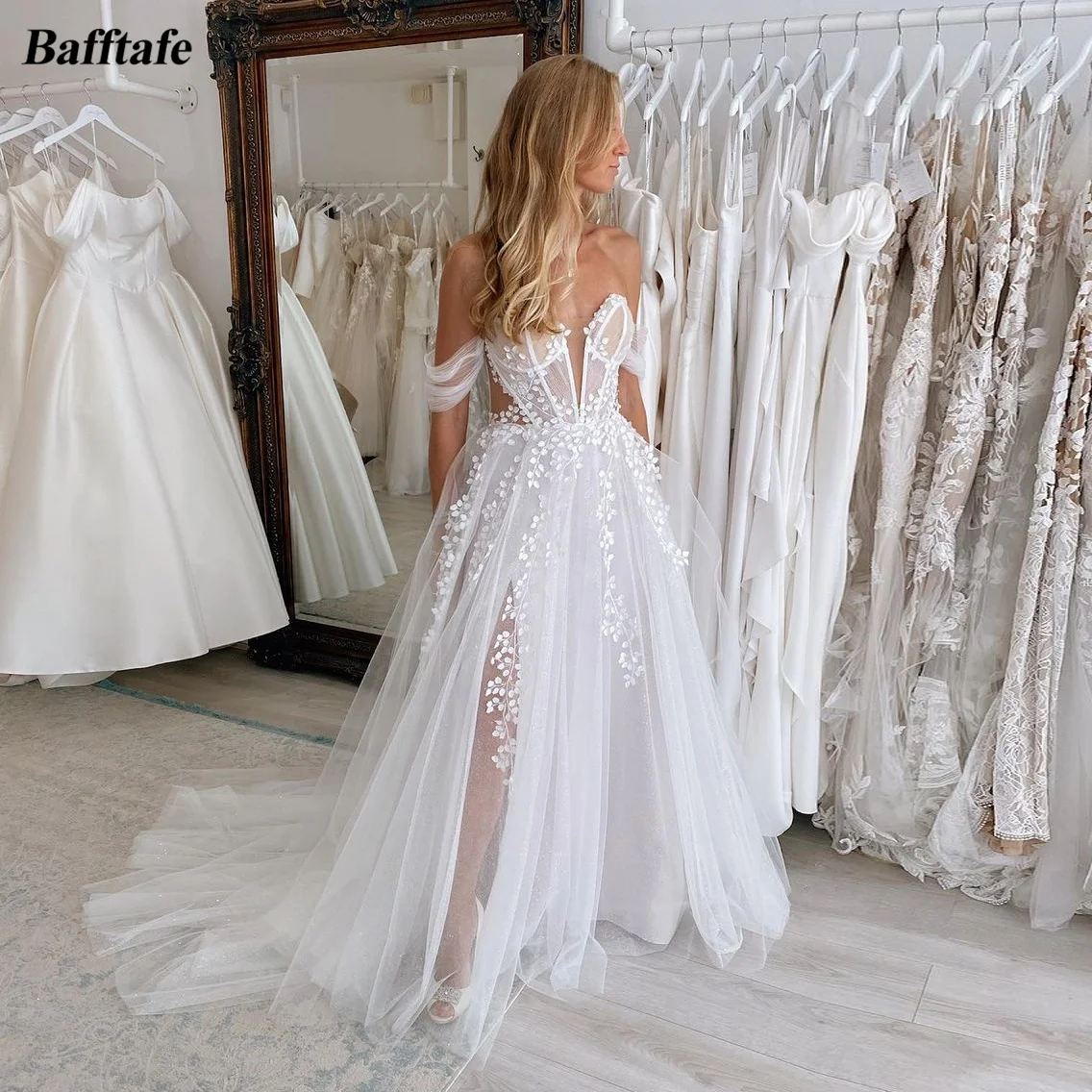 Bafftafe Glitter Tulle Appliques Lace Wedding Dresses Bride A Line Sweetheart Button Back Boho Bridal Gowns Formal Party Dress