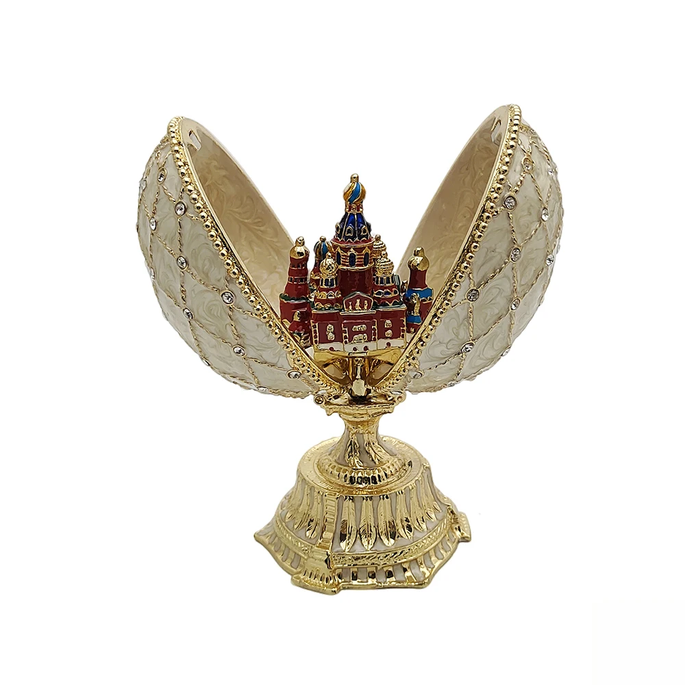 Vintage Faberge Egg Box Enamel Rhinestone Decorative Egg with Rooster Castle crown Inside, Luxury Collectible Easter Bonus