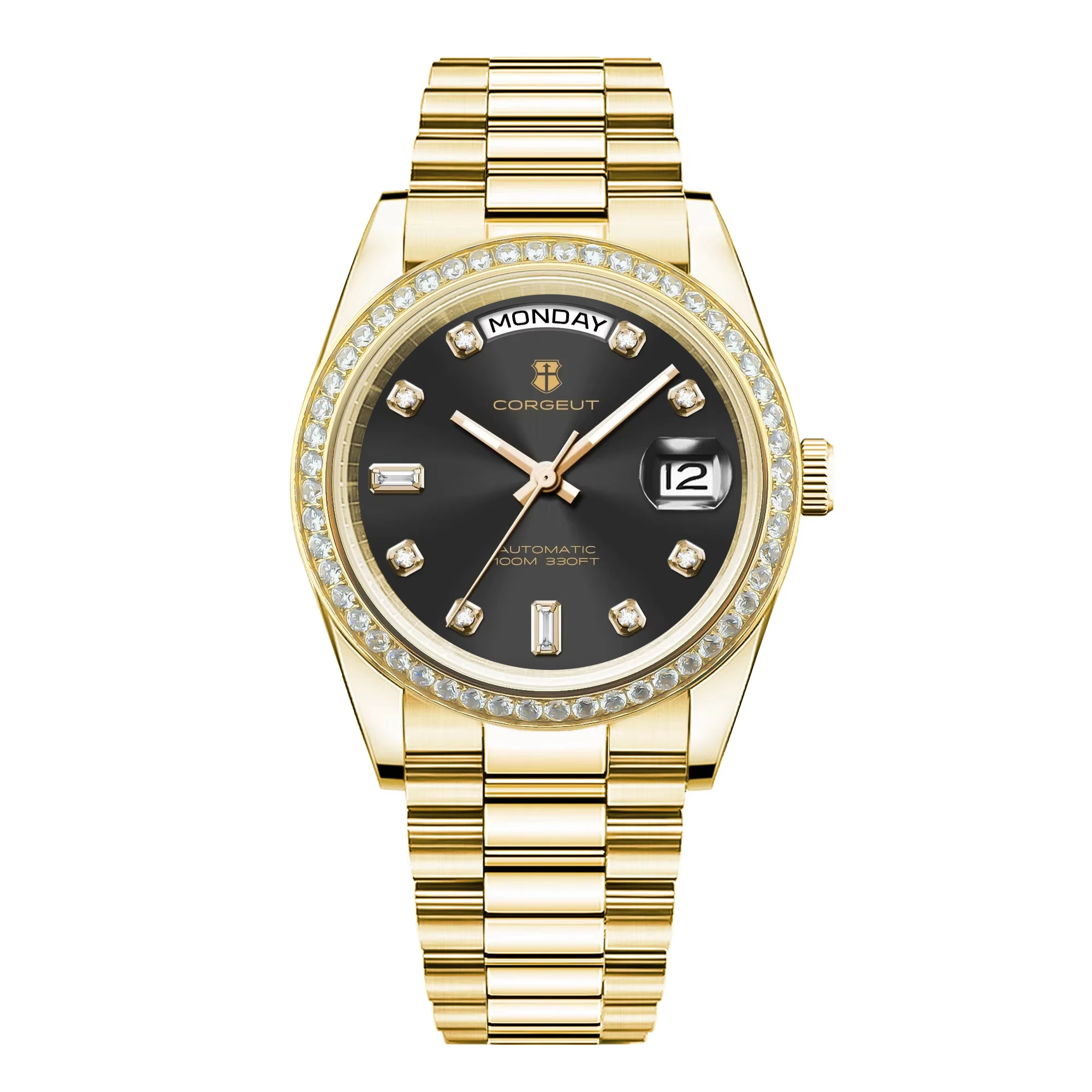 Corgeut 39mm Herrenuhr Automatik Gold Relogio Masculino NH36 Mechanische SapphireDiamond Studded Lünette Stahlband Herren Wa