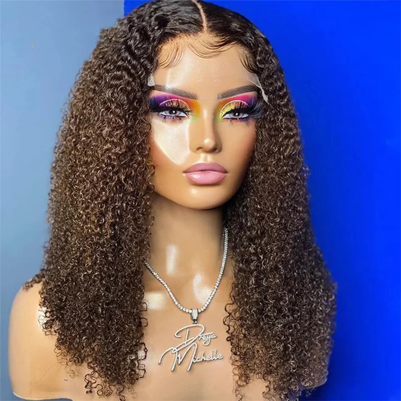 Perruque Lace Front Wig sans colle crépue bouclée pour femme, cheveux de bébé, brun ombré, douce, densité 180, 26 pouces, préplumée, degré de chaleur, 03/3