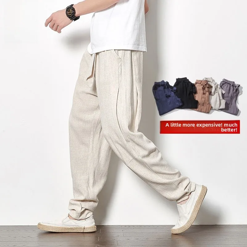 

Летние тонкие черные льняные мужские брюки, повседневные свободные брюки Харлан, облегающие брюки Харлан, длинные брюки, однотонные китайские брюки